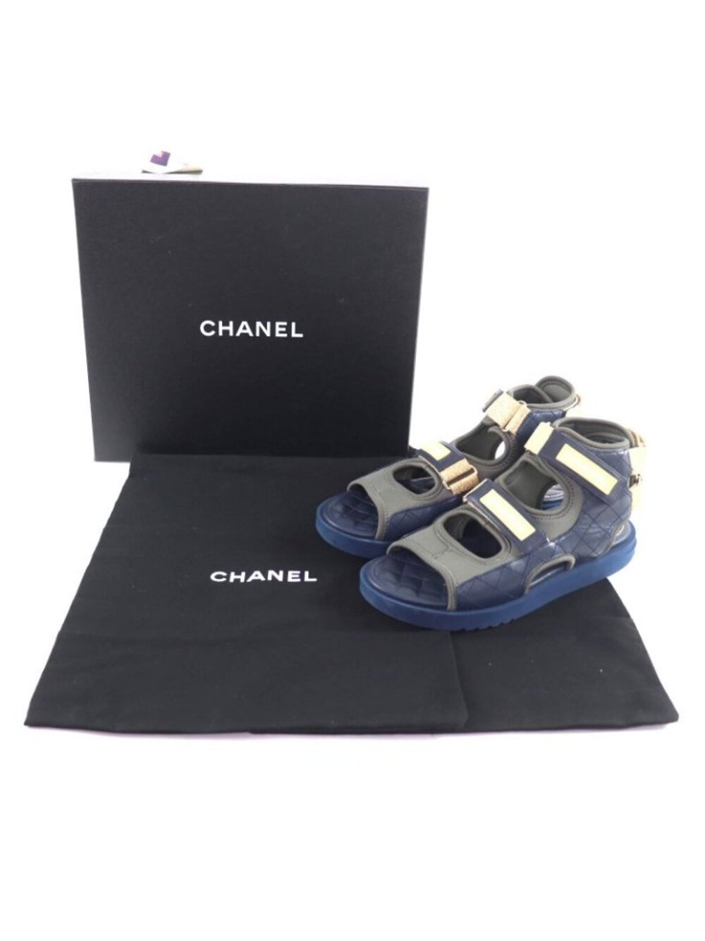 Chanel CC Logo Quilted Velcro Fabric Leather Sandals Khaki Navy 39 - Picture 2 of 16